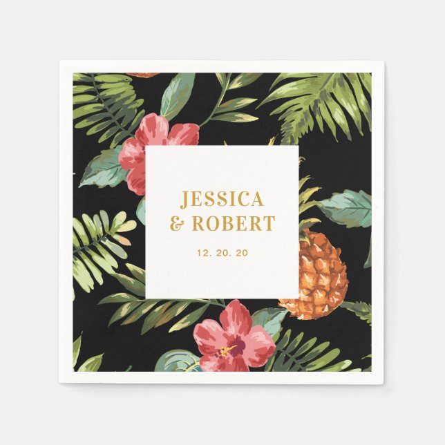 En Papier Serviette de mariage tropicale été Noir & Or (Devant)