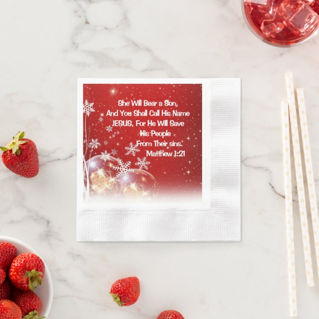En Papier Serviette de Noël rouge et blanche – Matthieu 1:21 (En situation)