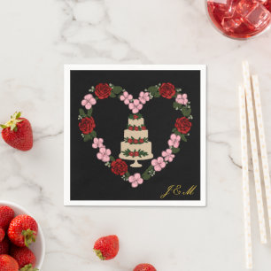En Papier Serviette de table noire décorée d'un cœur rose 