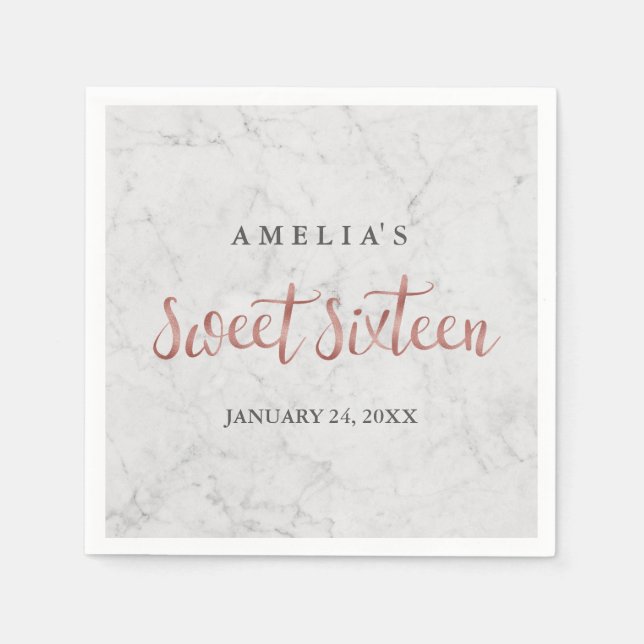 En Papier Serviette Faux Rose Gold Marbre Sweet Seize (Devant)