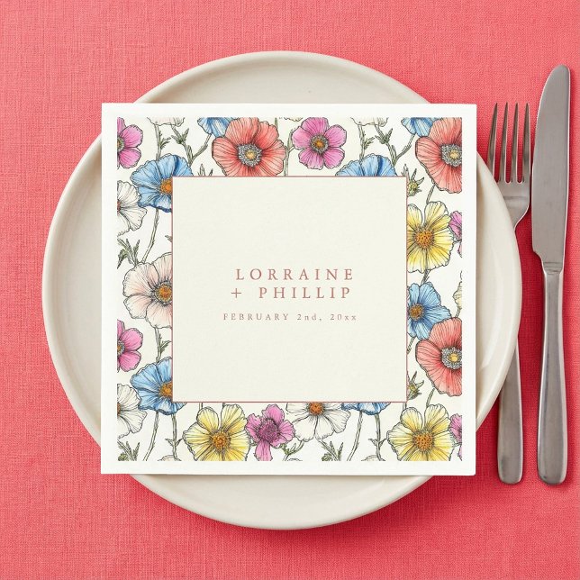 En Papier Serviette mariage aux fleurs sauvages (Vibrant wild flowers wedding napkin.)