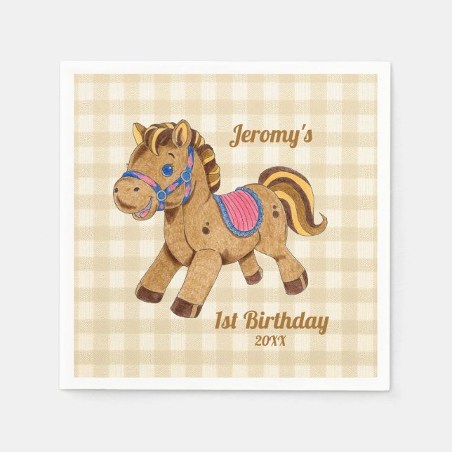 En Papier Serviette pour 1er anniversaire avec poney (Devant)