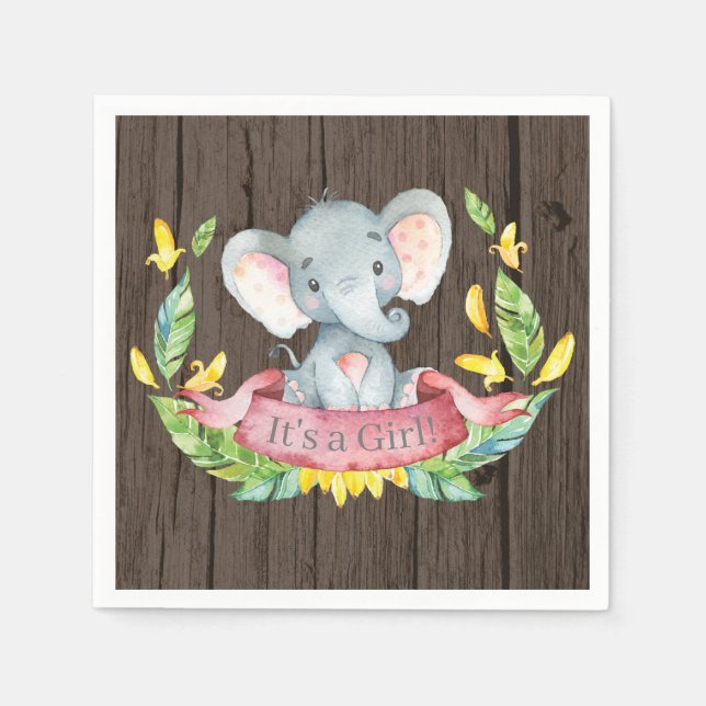 En Papier Serviette rose Baby shower Eléphant Rustique (Devant)