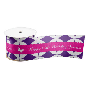 En Satin 18e anniversaire nom rose blanc papillon ruban