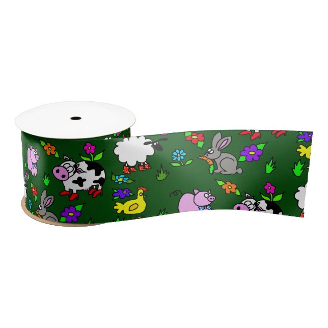 En Satin Animaux de la ferme Ruban vert (Bobine)
