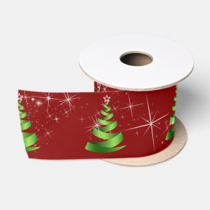 En Satin Arbres De Noël Étincelants De Ruban Vert Sur Rouge