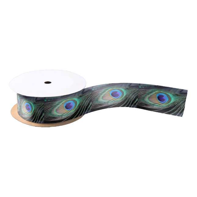 En Satin Bright Peacock Feather Festive Custom Art Ruban (Bobine)