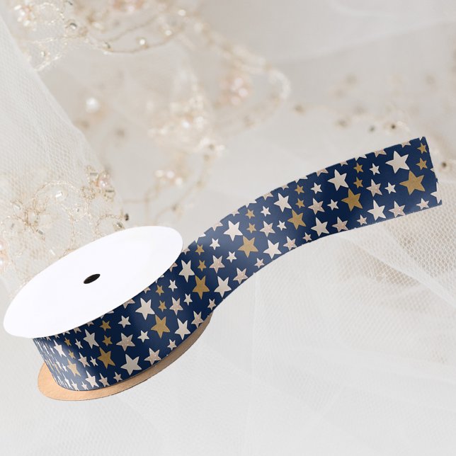 En Satin Élégant Stars Noël Blue Gold Ruban (Créateur téléchargé)