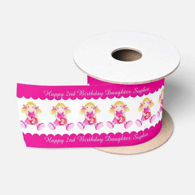 En Satin Fille 2e anniversaire nom dolly coeur ruban (Bobine)