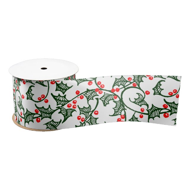 En Satin Green Holly avec Baies Rouges Ruban Rustique (Bobine)