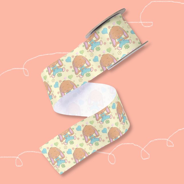 En Satin Joli ruban jaune clair de lapin de Pâques (Cute bunny pattern yellow ribbon for decorating Easter or Baby Shower baskets . )