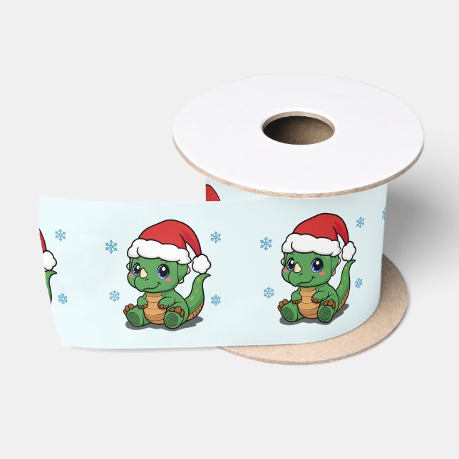 En Satin Joyeux ruban cadeau de Noël - Cute Dinosaur (Bobine)