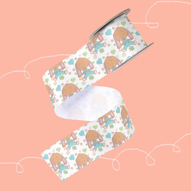 En Satin Lapin de Pâques Fleurs et Cœurs Ruban Blanc (Sweet watercolor bunny pattern white ribbon for Easter or baby shower baskets embellishments .)