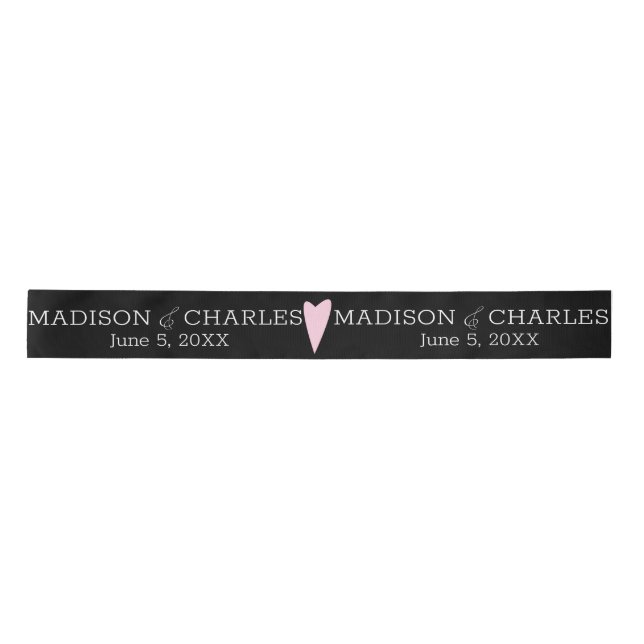 En Satin Logo de mariage ruban rose coeurs couple date (Devant)