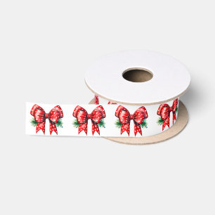En Satin Nœud Rouge avec Ruban Blanc au Houx