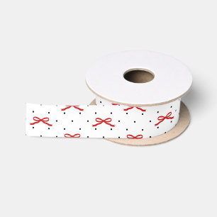 En Satin Pot Polka blanc et noir avec ruban rouge