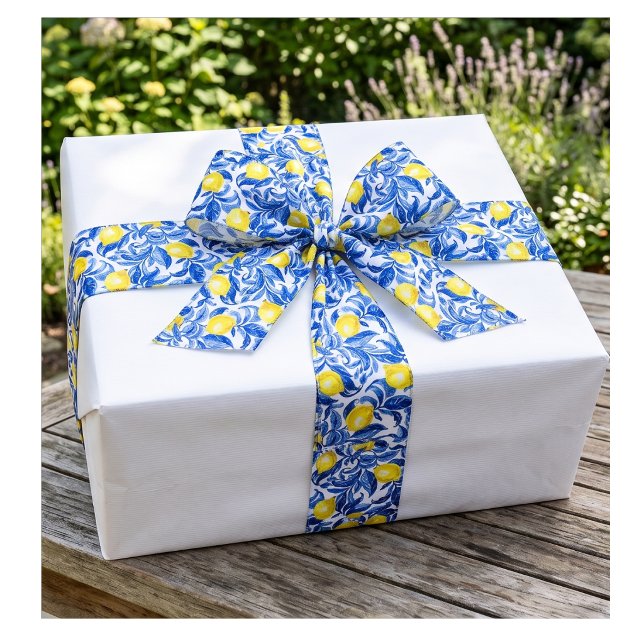 En Satin Ruban à motif de citron à l'aquarelle bleue (Créateur téléchargé)