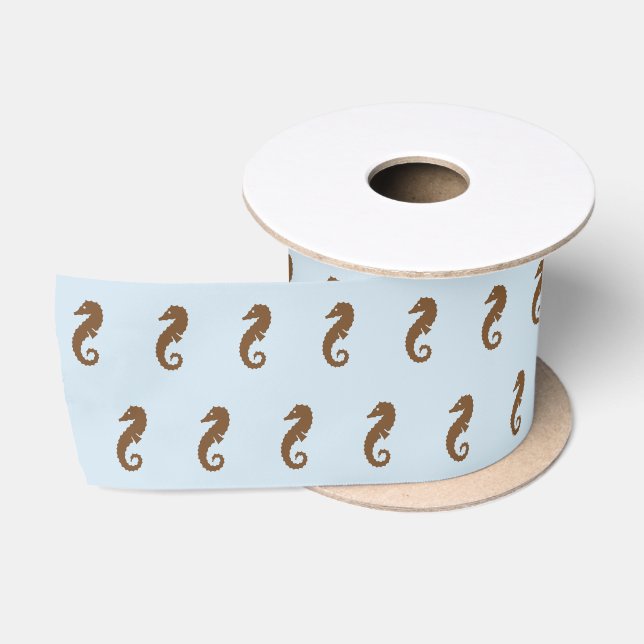 En Satin Ruban - Chevaux de mer Brown sur bleu clair (Bobine)