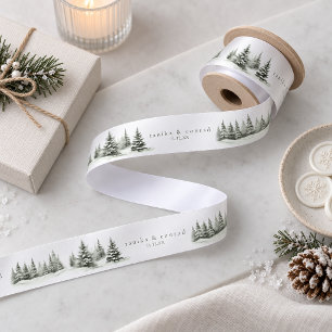 En Satin Ruban de mariage avec sapins à l'aquarelle Vert ID