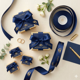 En Satin Ruban de mariage personnalisé élégant bleu marine