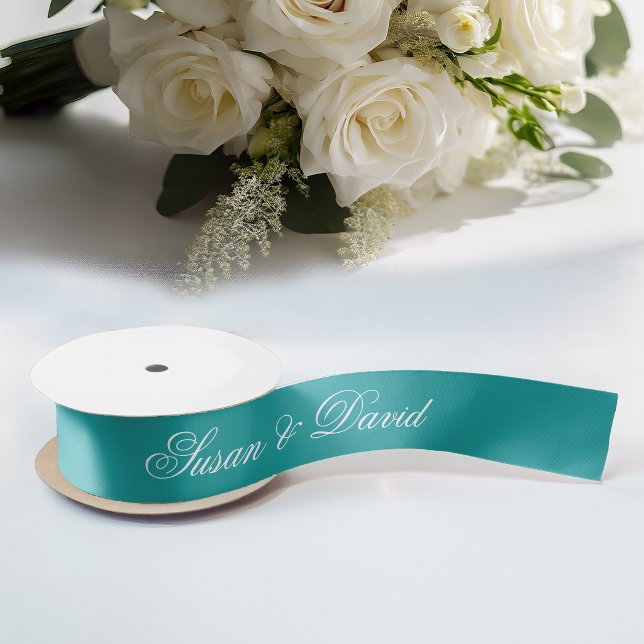 En Satin Ruban de mariage sarcelle - Calligraphie élégante  (Créateur téléchargé)