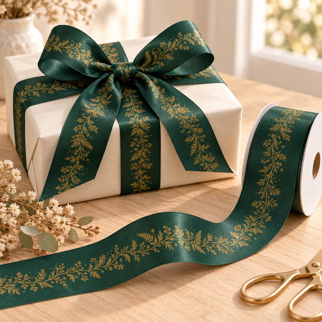 En Satin Ruban de sergé botanique or vert forêt (Forest Green Gold Botanical Garland Ribbon)