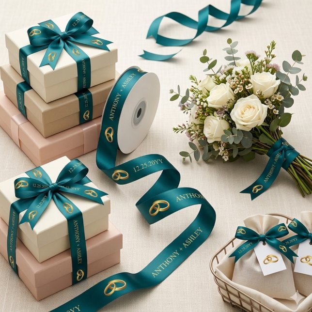 En Satin Ruban de soie sarcelle et blanc avec nom personnal (Elegant Teal white Personalized Name Satin Ribbon)