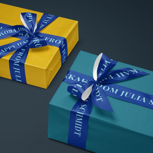 En Satin Ruban de texte simple bleu foncé et glacé Joyeux H (personalized bright and aqua blue Happy Hanukkah gift ribbon with custom name text)