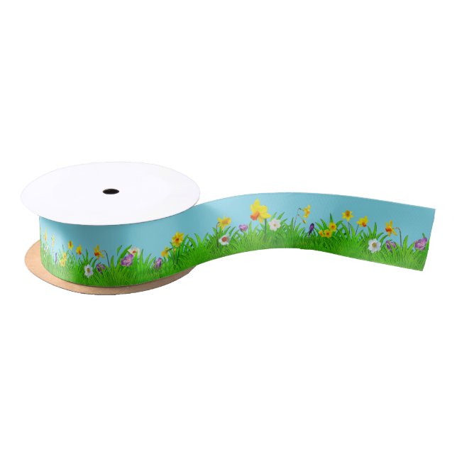 En Satin Ruban d'herbe et de fleurs (Bobine)