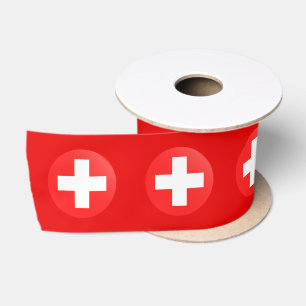 En Satin Ruban Drapeau Suisse, cercle Suisse sur Rouge