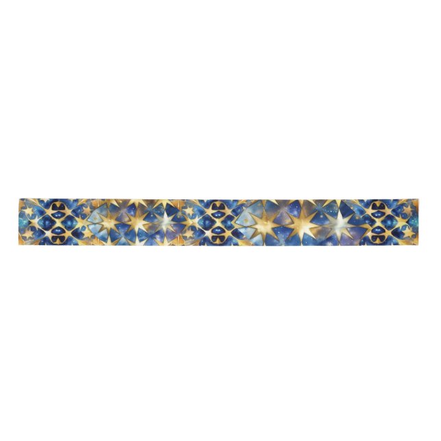 En Satin Ruban Elegant Blue and Gold Stars (Devant)