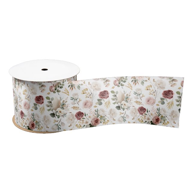 En Satin Ruban floral aquarelle automnal | Rose poudré et b (Bobine)