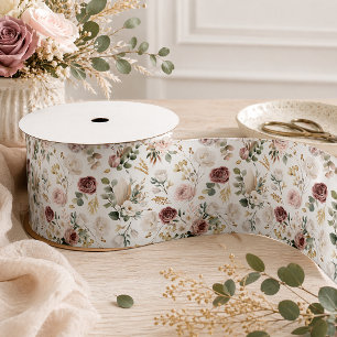 En Satin Ruban floral aquarelle automnal   Rose poudrée et 