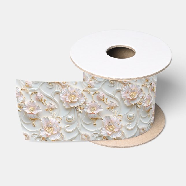 En Satin Ruban Floral Blanc Rose Élégant (Bobine)