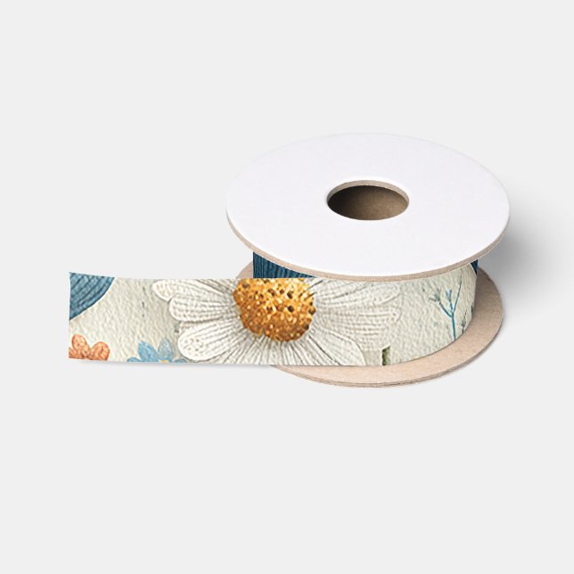 En Satin Ruban floral de fleurs sauvages bleu orange  (Bobine)