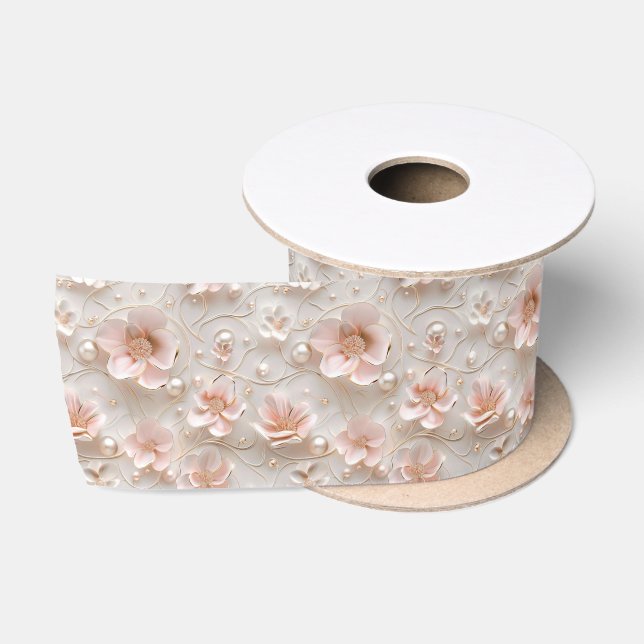En Satin Ruban Floral Rose Pâle Élégant (Bobine)
