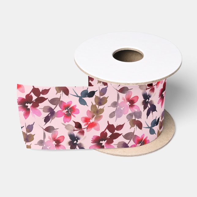 En Satin Ruban - Flore imprimé sur Arrière - plan rose (Bobine)