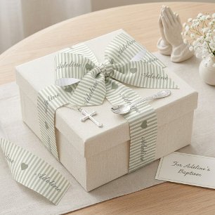 En Satin Ruban Personnalisé avec Cœur Rayé Vert Sauge