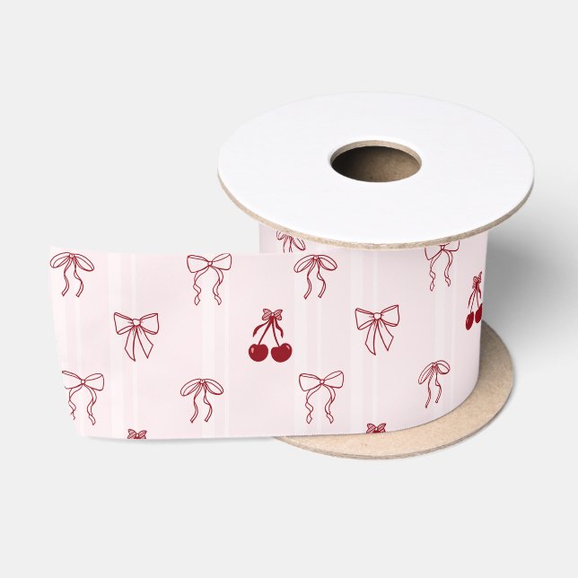 En Satin Ruban rose coquette à motif cerise (Bobine)