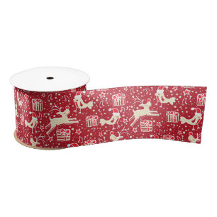 En Satin Ruban rouge blanc de rennes de Noël et d'oiseaux