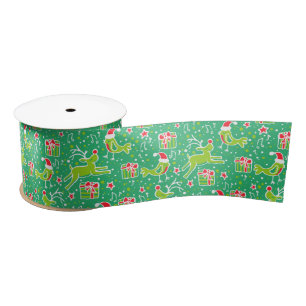 En Satin Ruban rouge vert Noël rennes et oiseaux