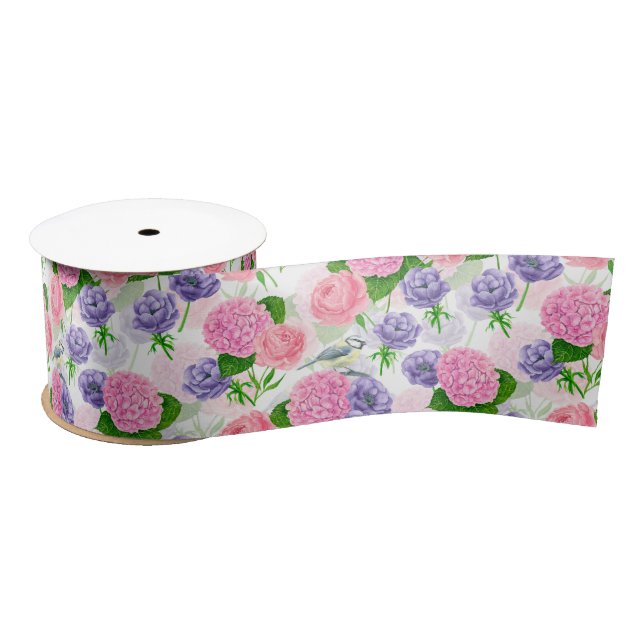 En Satin Ruban satiné Tit oiseau et fleurs (Bobine)