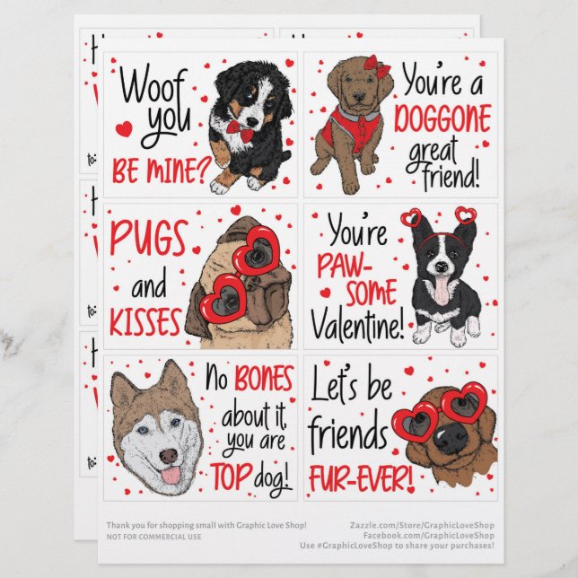 En-tête De Lettre 6 Chiens mignons Enfants Salle de classe Valentine (Devant / Derrière)
