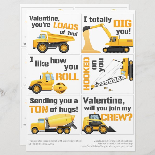 En-tête De Lettre 6 Construction Camion Classroom Valentine Cartes (Devant / Derrière)