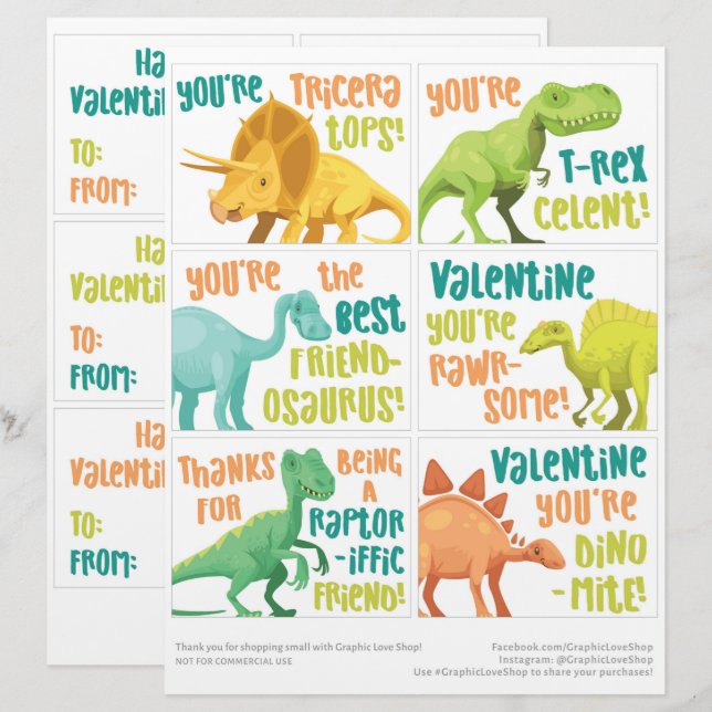 En-tête De Lettre 6 Dinosaures Enfants Salle de classe Valentines Ca (Devant / Derrière)