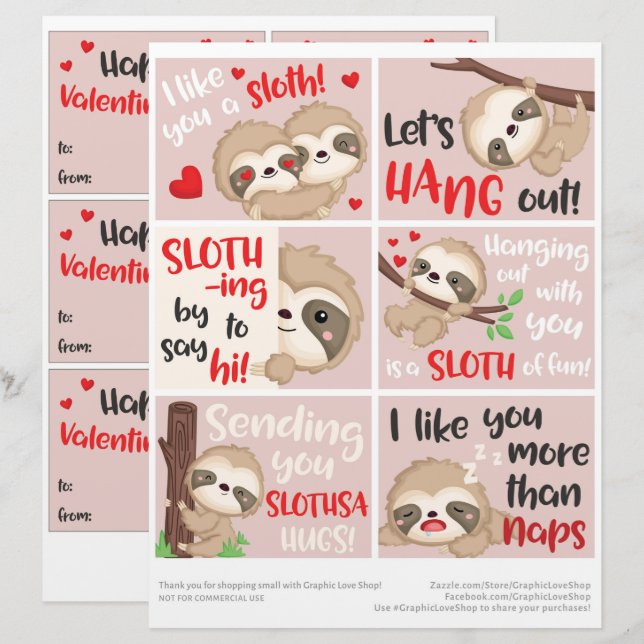En-tête De Lettre 6 Jote Sloth Kids Classroom Valentine's Day Cards (Devant / Derrière)