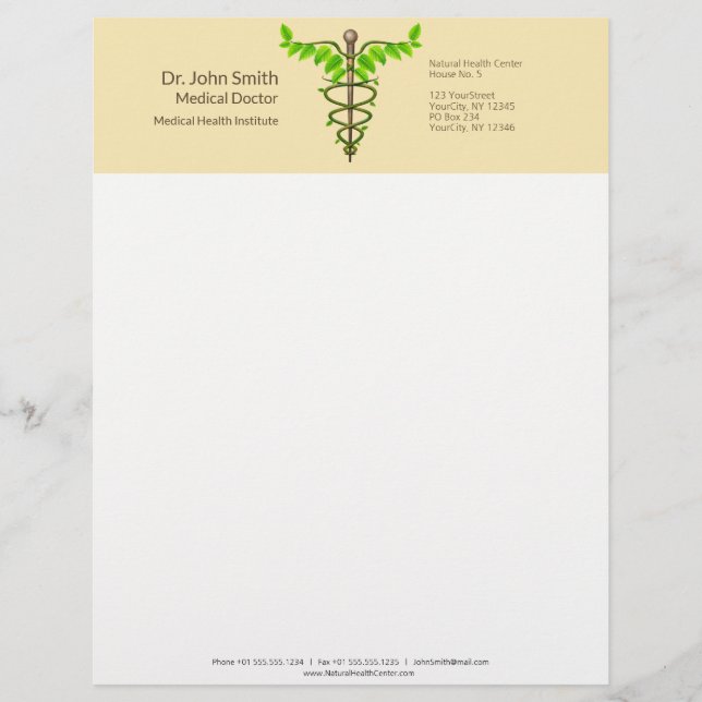 En-tête De Lettre Alternative Médicale Caduceus Vert Feuilles Beige (Devant)