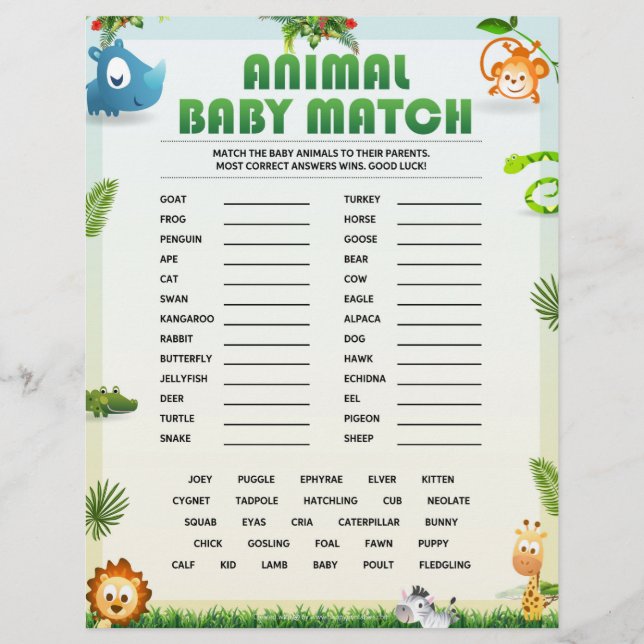En-tête De Lettre Animal Baby Match Baby shower Jeu [Thème animal] (Devant)
