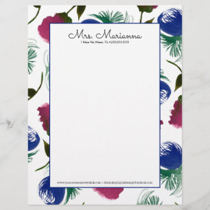 En-tête De Lettre Aquarelle à la main Burgandy Blue Floral Art Motif