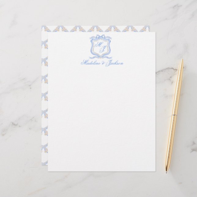 En-tête De Lettre Aquarelle Designer Blue Monogram Crest Mariage (Devant/Arrière en situation)